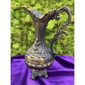 Vintage Ornate Made in Italy 7" Floral Design Footed Brass Pitcher Vase Pot